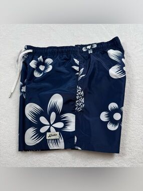 Bather swim trunks nylon shorts men’s size small navy blue floral drawstring
